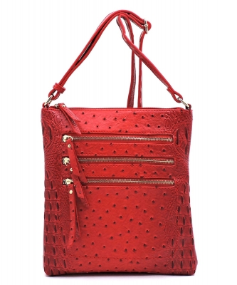 Ostrich Croc Multi Zipper Crossbody Bag OS093 RED